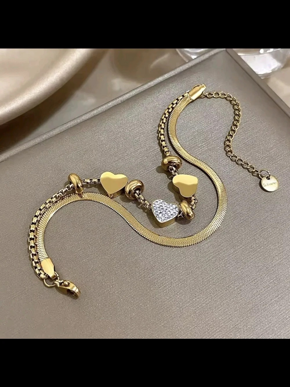 Gold Heart Bead Bracelet with Pavé Accent
